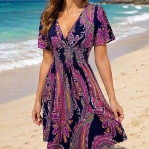 Sunkissed Dress Womens Paisley Smocked Waist V-Neck Navy Pink M Date Night Retro